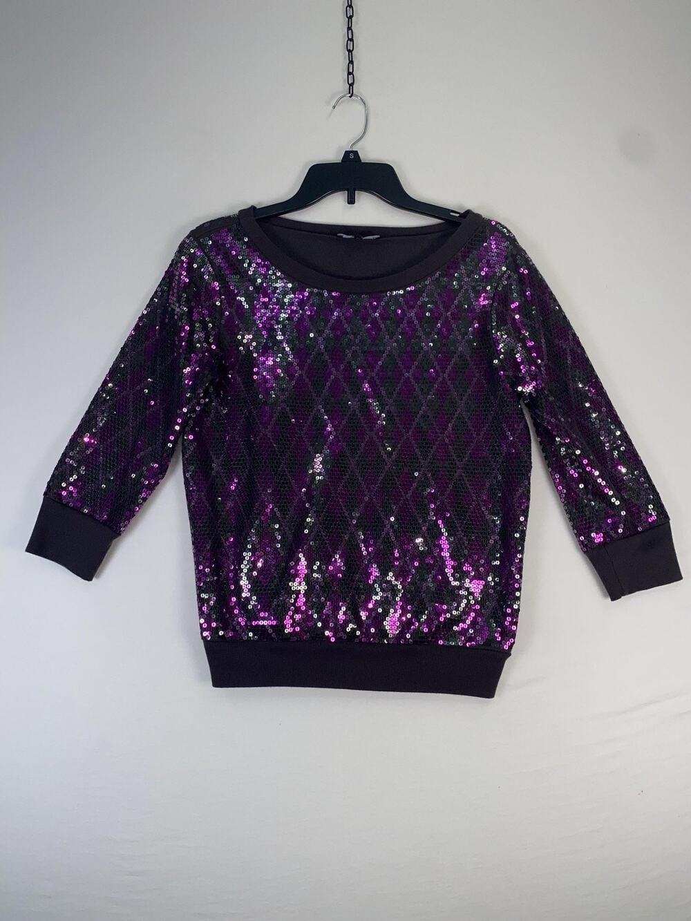 Express Blouse Womens Medium Purple Sequin Argyle 3/4 Sleeve Boat Neck Party Top